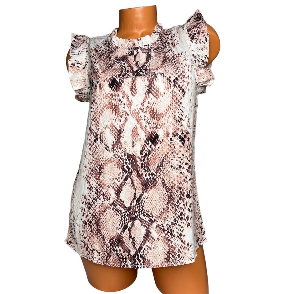 Womens Pale Pink And Grey Snake Printed Polyester Flutter Shirt Size Small